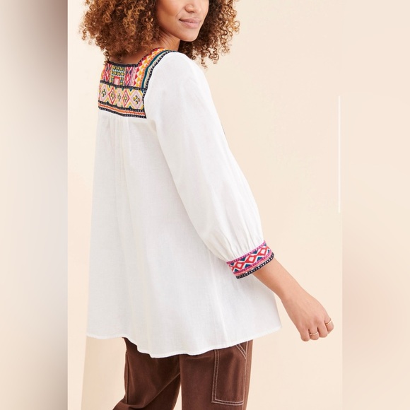 Anthropologie White Abigail Embroidered Blouse Babydoll Boho Flowy - Picture 2 of 11
